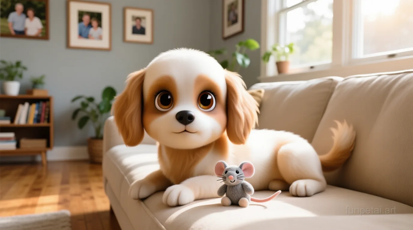 Cavapoo with a tiny-face studio portrait look, cinematic AI pet portrait