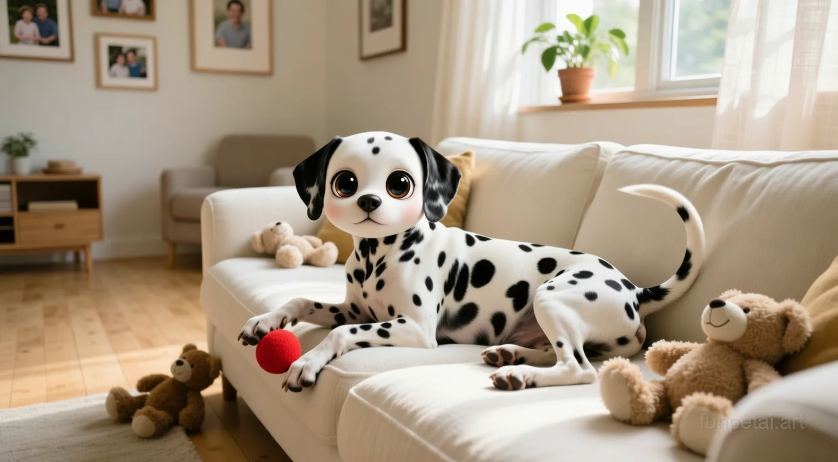 Dalmatian with a tiny-face studio portrait look, cinematic AI pet portrait