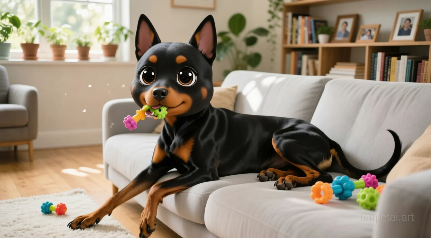 Doberman with a tiny-face studio portrait look, cinematic AI pet portrait