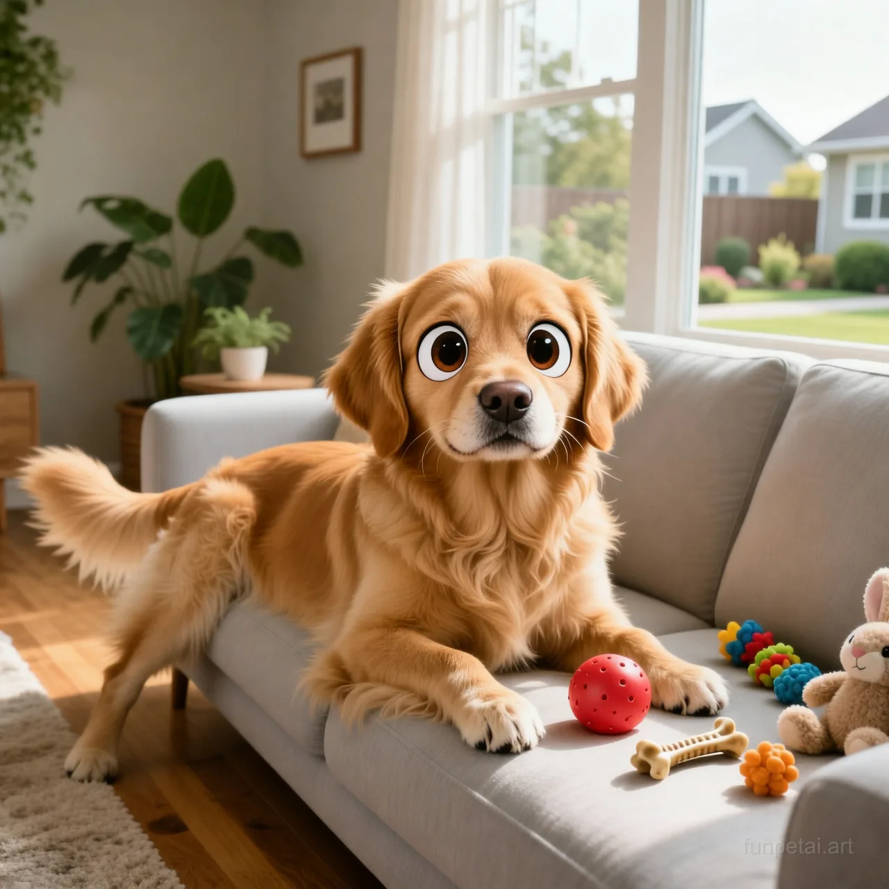 Golden Retriever with a tiny-face studio portrait look, cinematic AI pet portrait