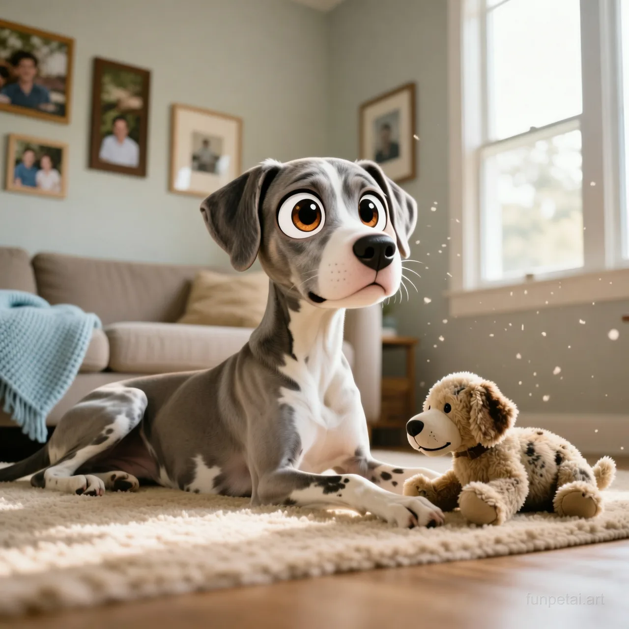 Great Dane with a tiny-face studio portrait look, cinematic AI pet portrait