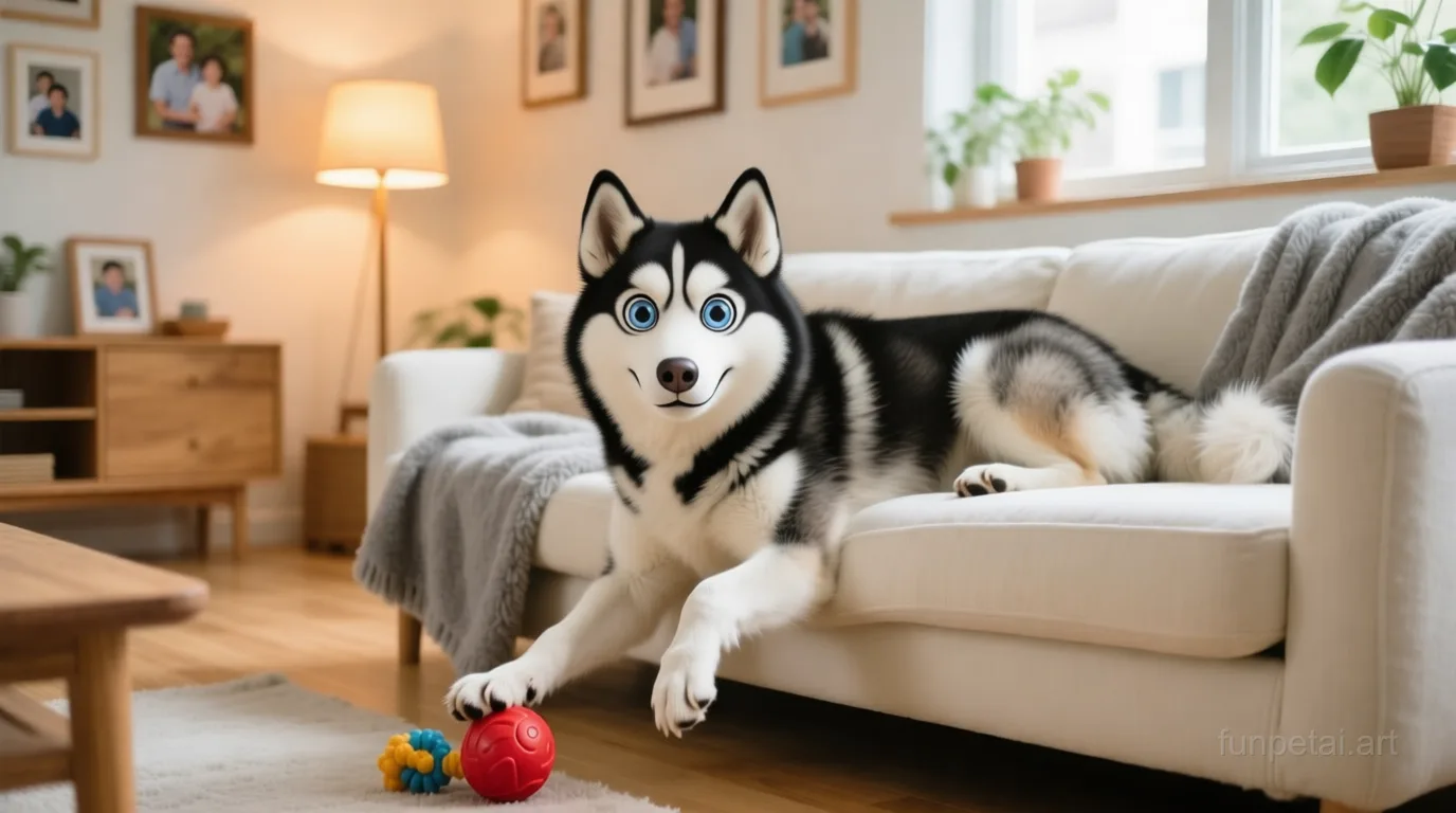 Husky with a tiny-face studio portrait look, cinematic AI pet portrait
