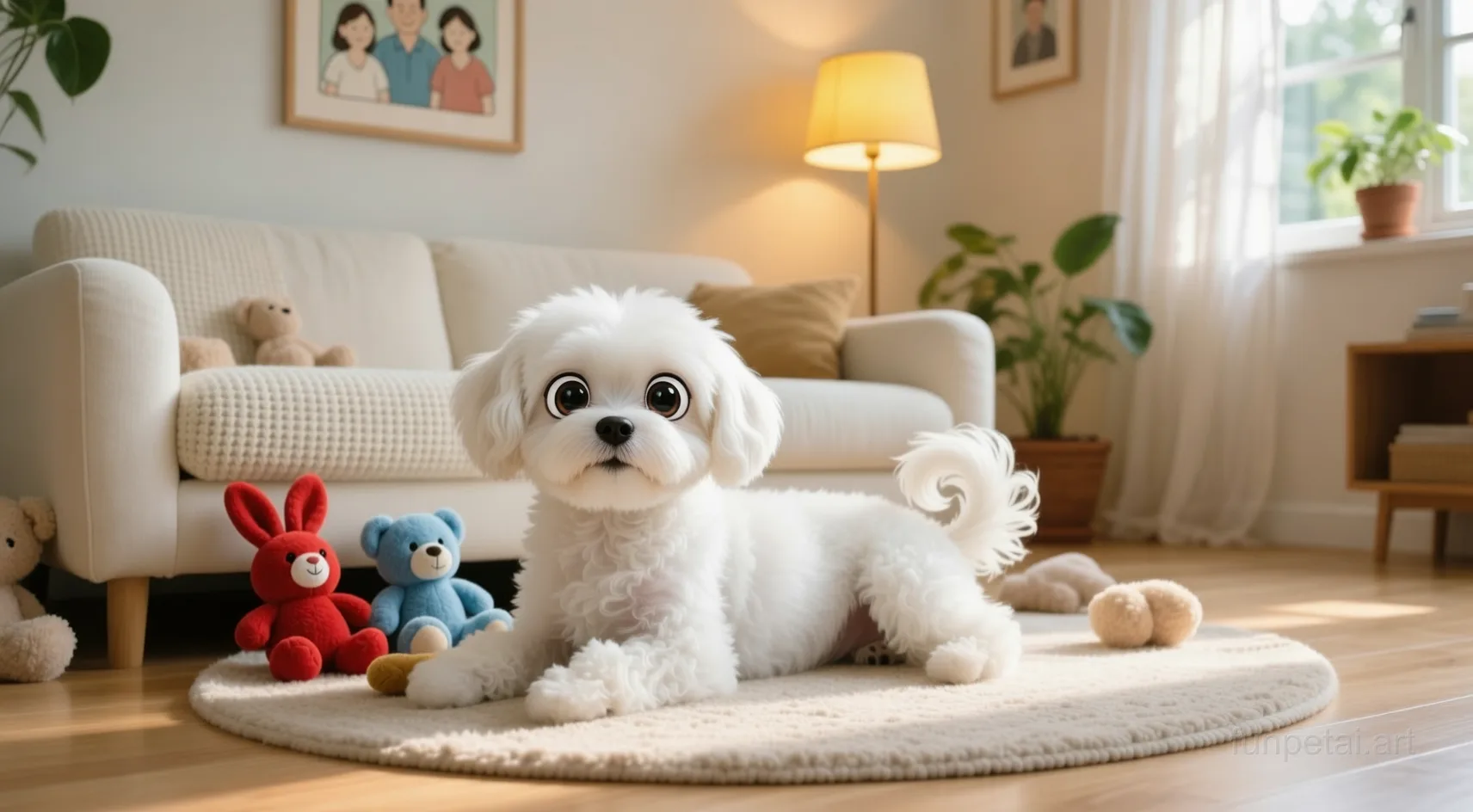 Maltese with a tiny-face studio portrait look, cinematic AI pet portrait