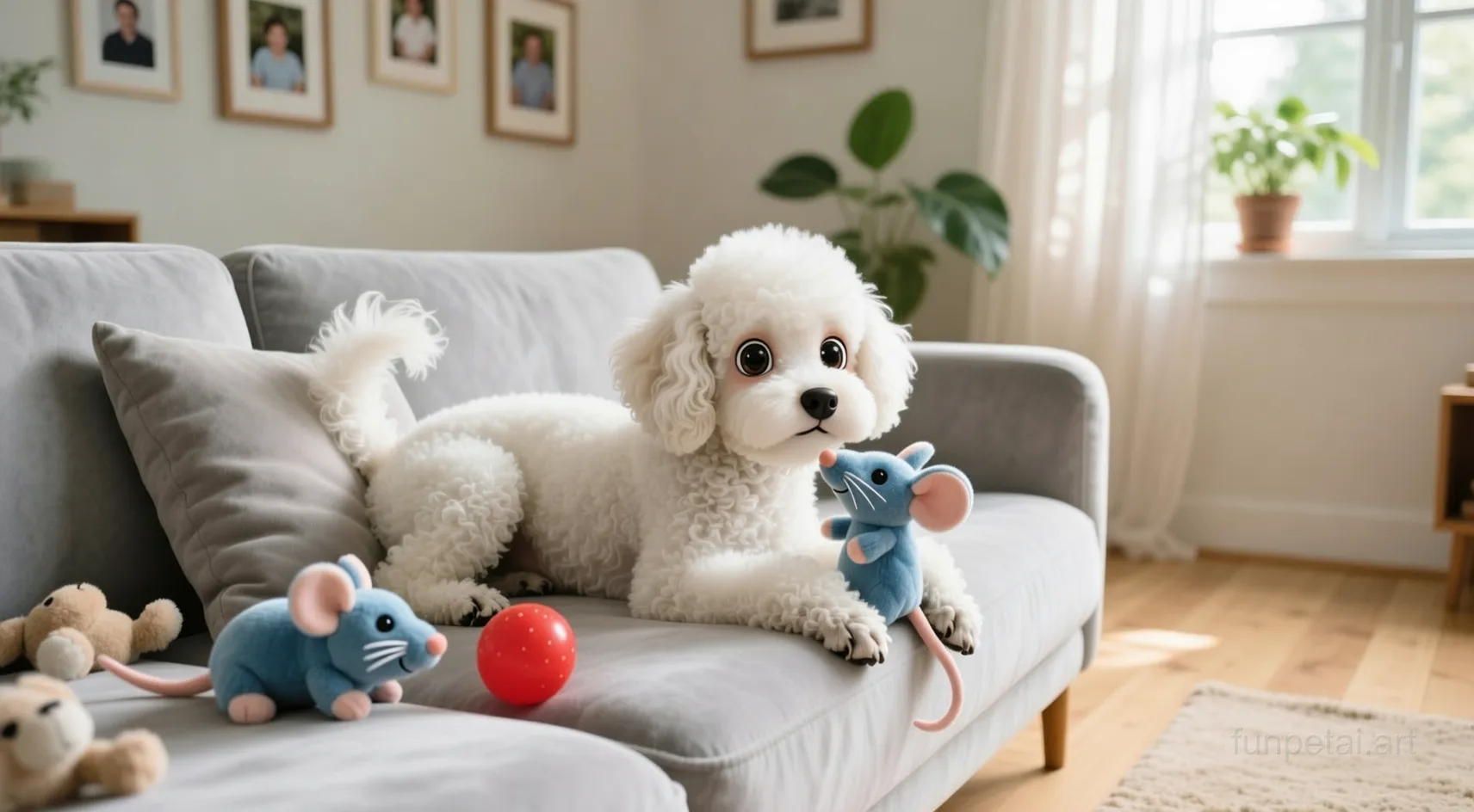 Poodle with a tiny-face studio portrait look, cinematic AI pet portrait