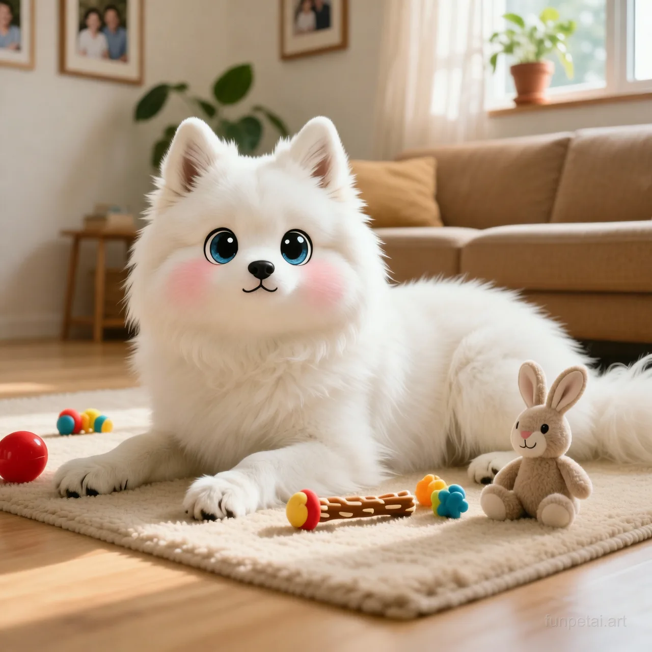 Samoyed with a tiny-face studio portrait look, cinematic AI pet portrait