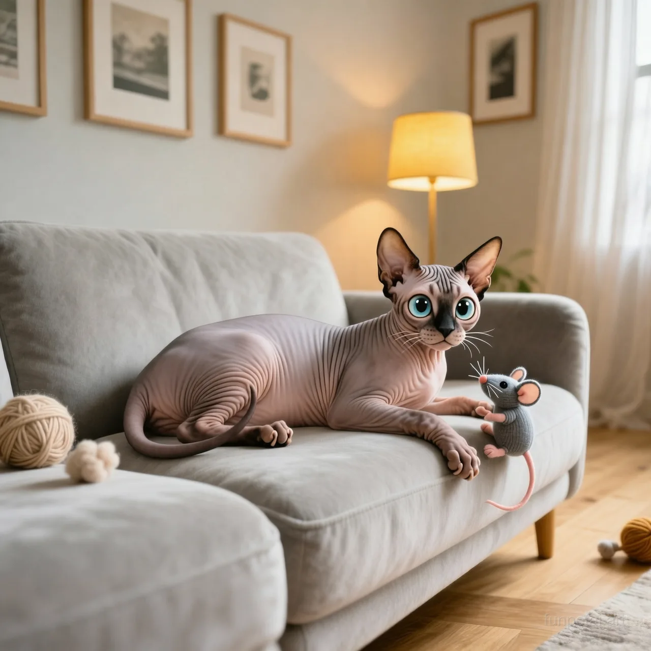 Sphynx with a tiny-face studio portrait look, cinematic AI pet portrait