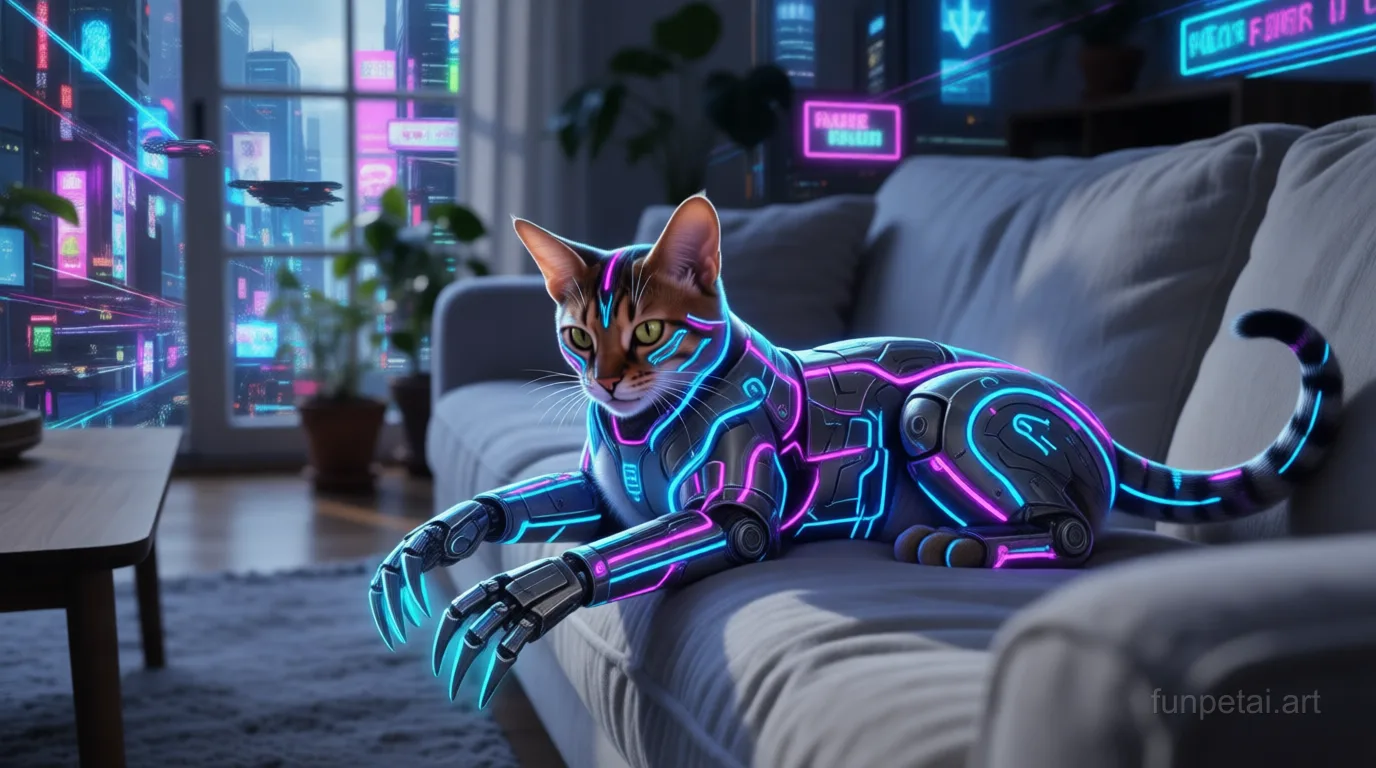 Abyssinian in neon cyberpunk city lights with metallic accents, cinematic AI pet portrait