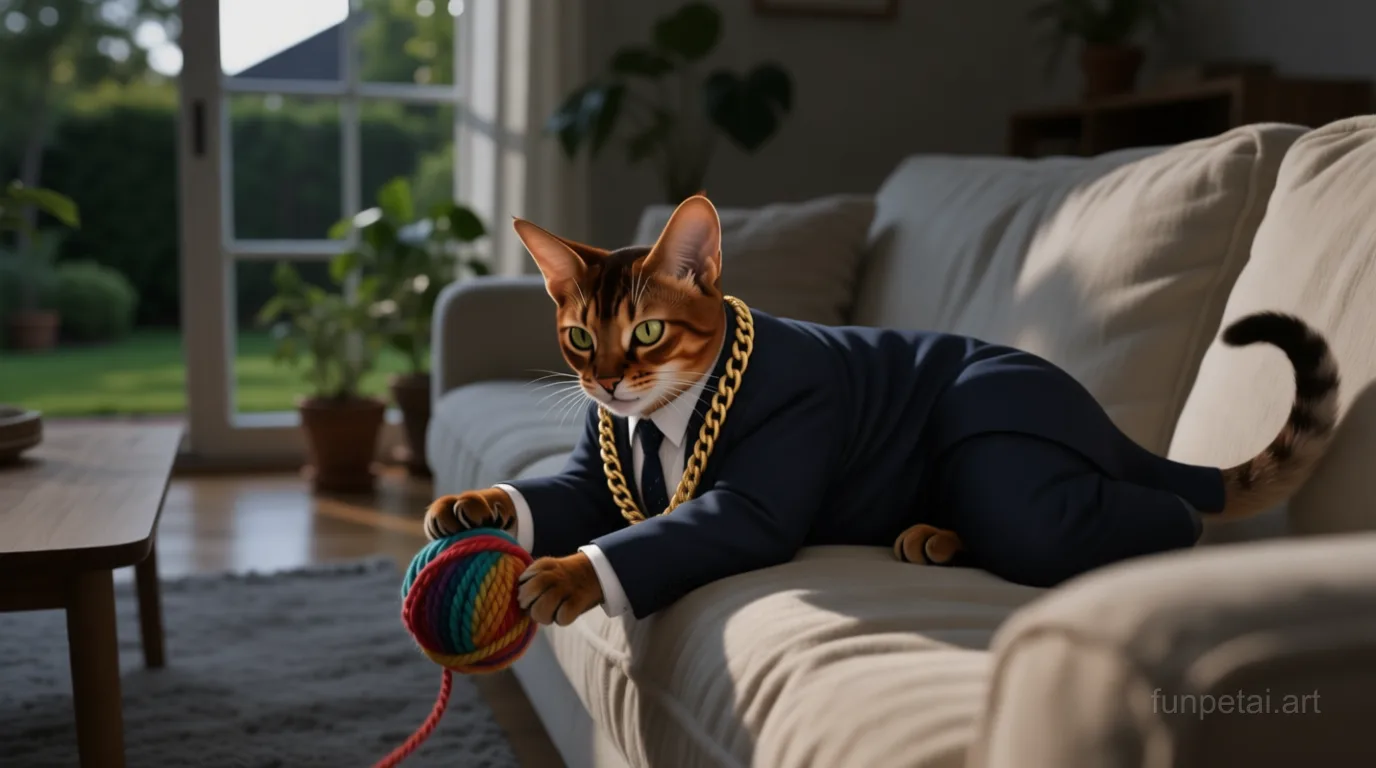 Abyssinian in a dark suit with gold chain, cinematic noir lighting, cinematic AI pet portrait