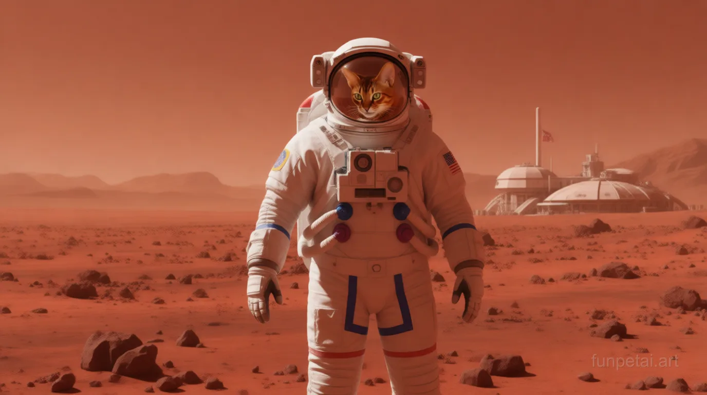 Abyssinian wearing a space suit on Mars, red planet glow, cinematic AI pet portrait