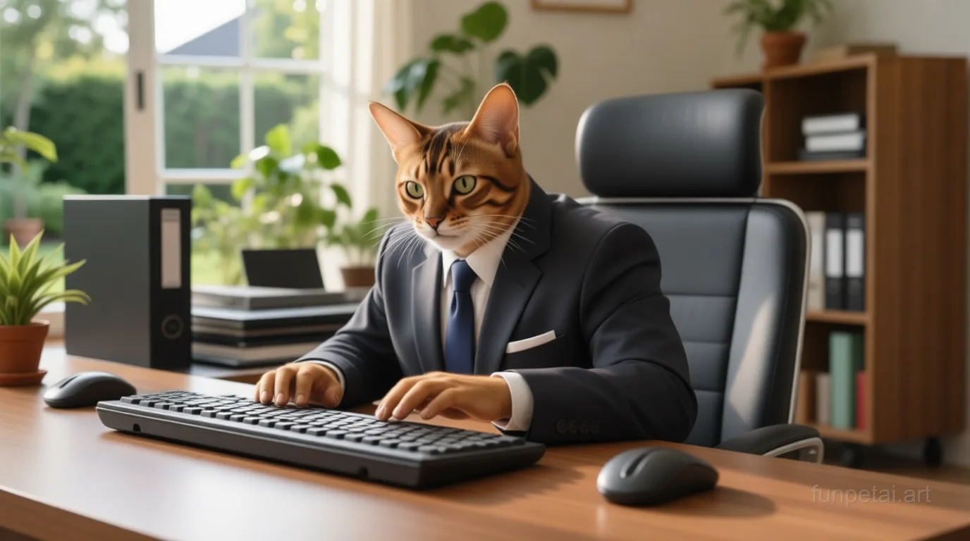 Abyssinian in a tailored suit at a modern office desk, cinematic AI pet portrait