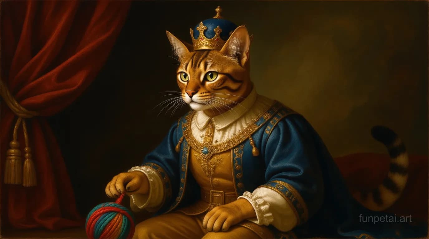 Abyssinian in a royal portrait with ornate outfit, classic oil texture, cinematic AI pet portrait