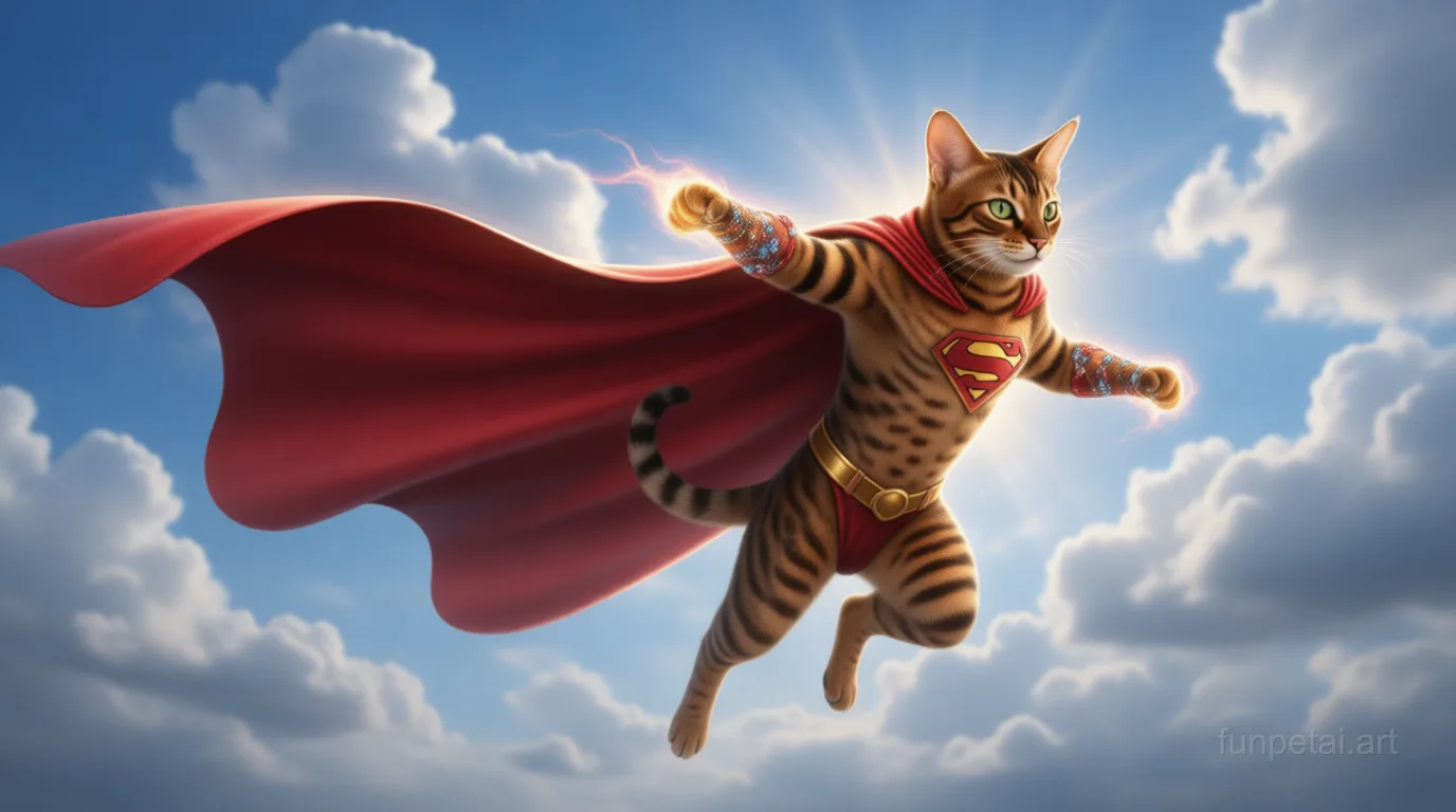 Abyssinian as a superhero with a cape and heroic sky, cinematic AI pet portrait