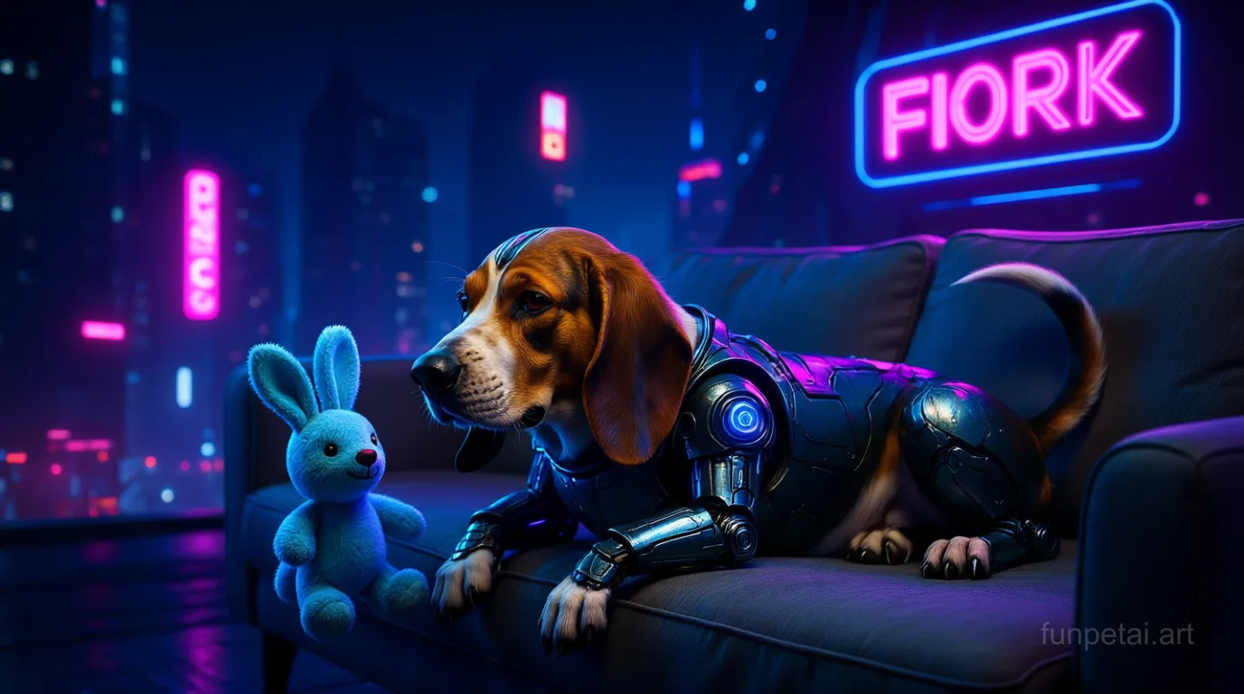 Basset Hound in neon cyberpunk city lights with metallic accents, cinematic AI pet portrait
