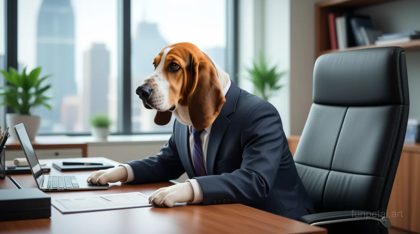 Basset Hound in a tailored suit at a modern office desk, cinematic AI pet portrait