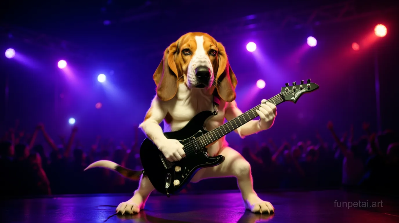 Basset Hound on stage with an electric guitar and concert lights, cinematic AI pet portrait
