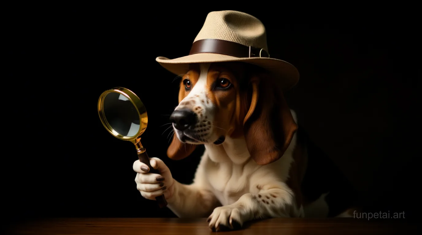 Basset Hound as a detective with a deerstalker hat and magnifier, cinematic AI pet portrait