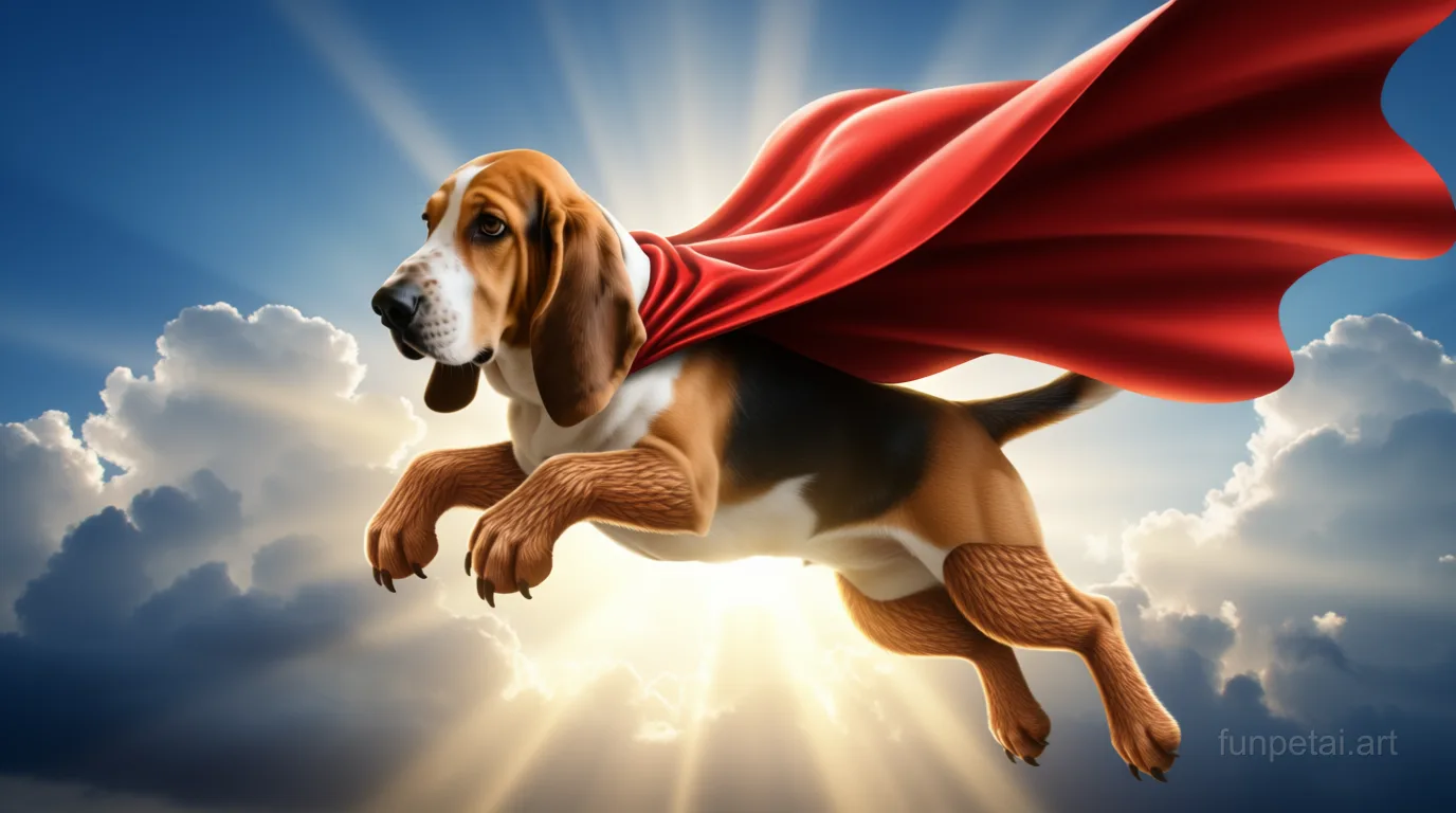 Basset Hound as a superhero with a cape and heroic sky, cinematic AI pet portrait