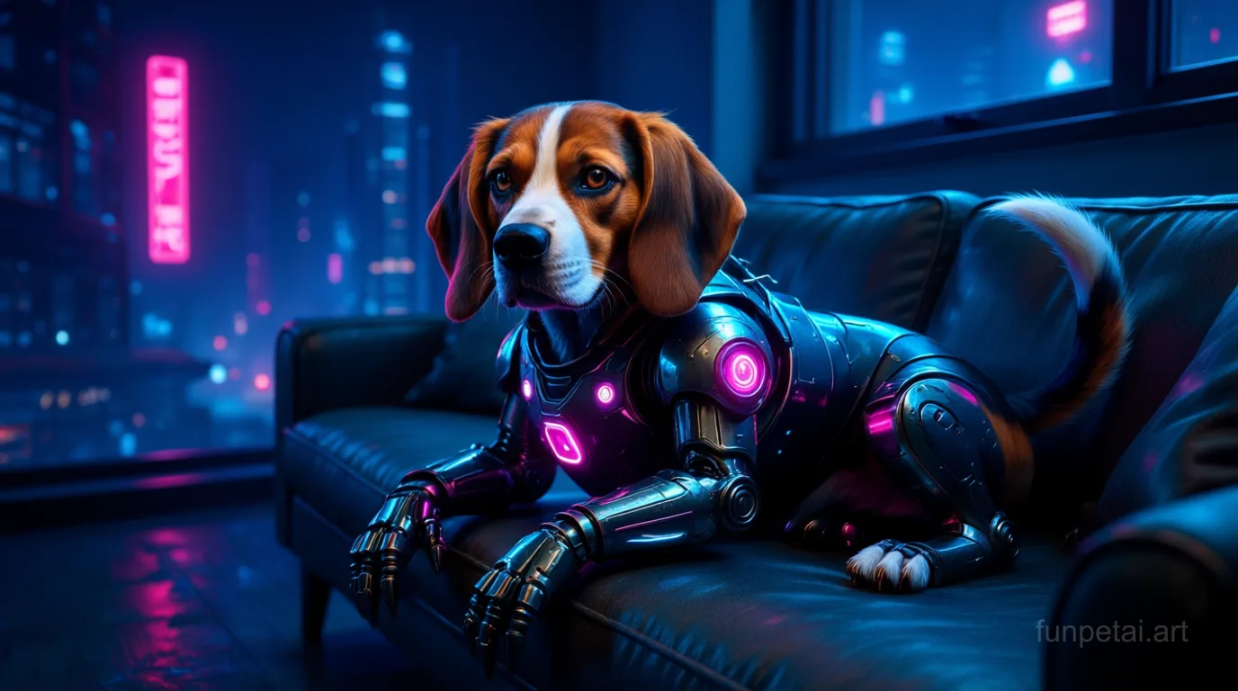Beagle in neon cyberpunk city lights with metallic accents, cinematic AI pet portrait