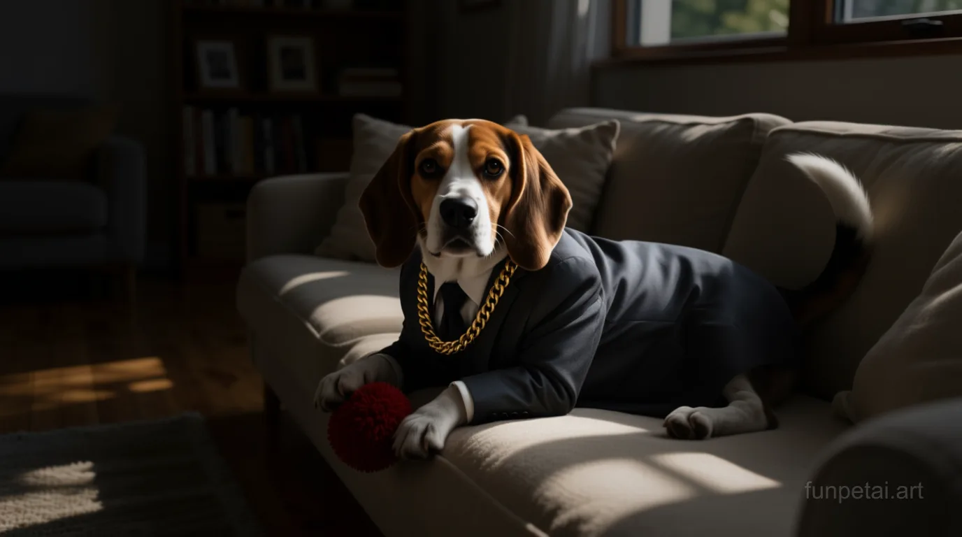 Beagle in a dark suit with gold chain, cinematic noir lighting, cinematic AI pet portrait
