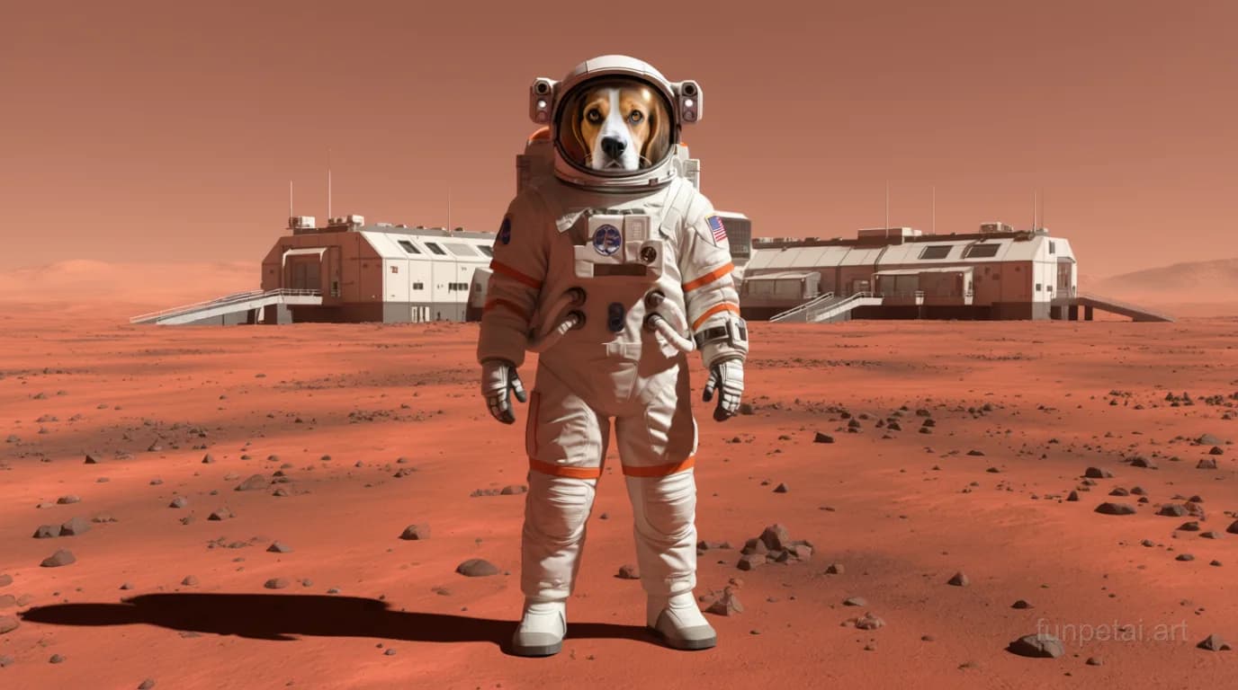 Beagle wearing a space suit on Mars, red planet glow, cinematic AI pet portrait