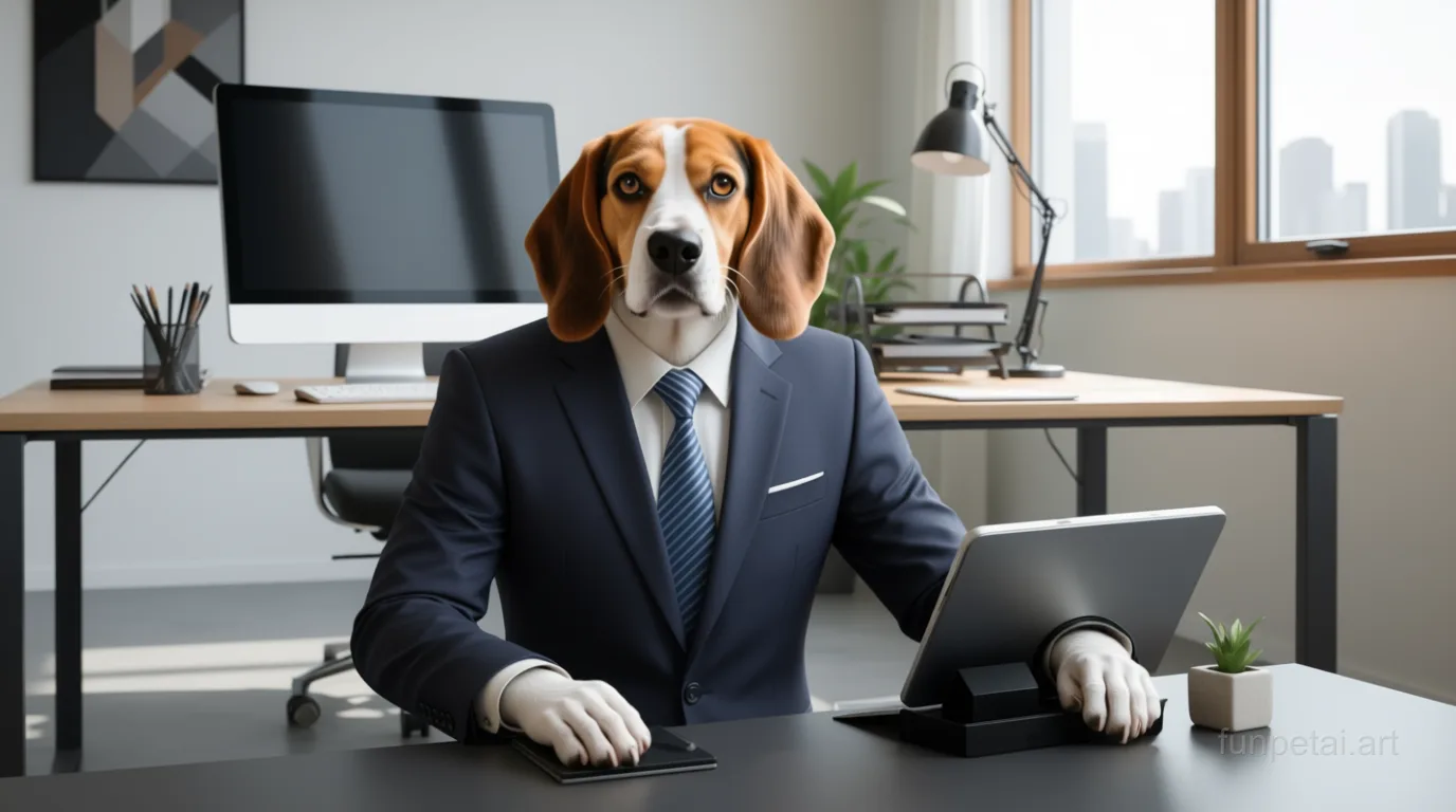 Beagle in a tailored suit at a modern office desk, cinematic AI pet portrait