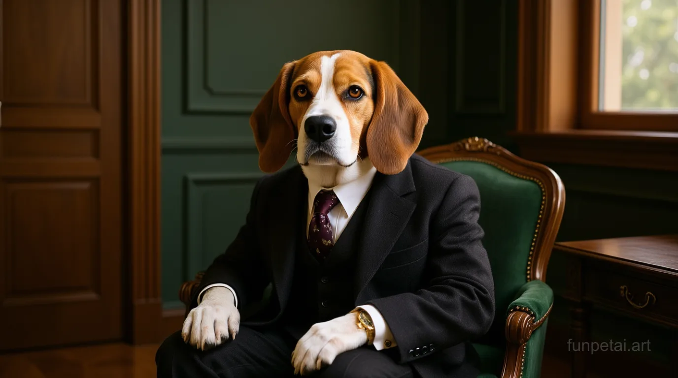 Beagle in an old money portrait with cashmere texture, cinematic AI pet portrait