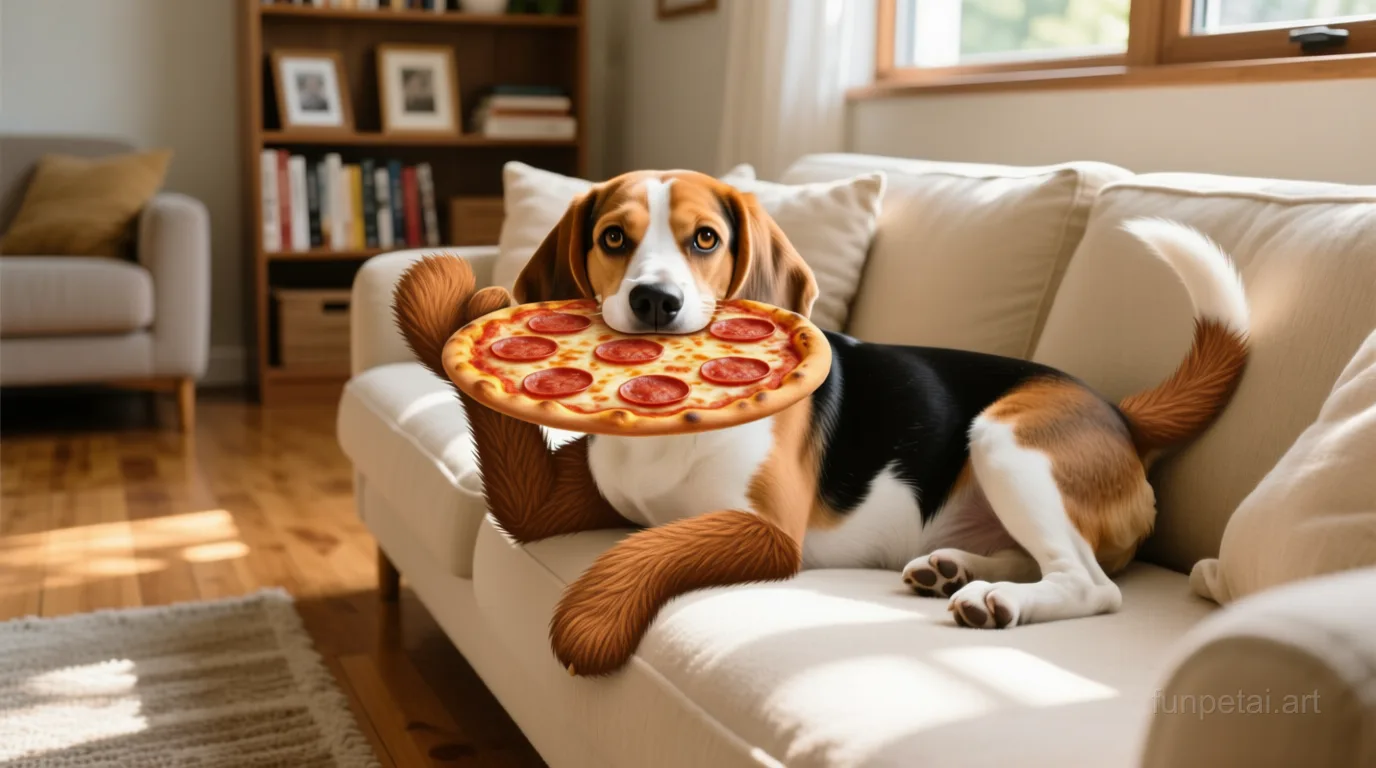 Beagle stealing a pizza slice with a playful expression, cinematic AI pet portrait