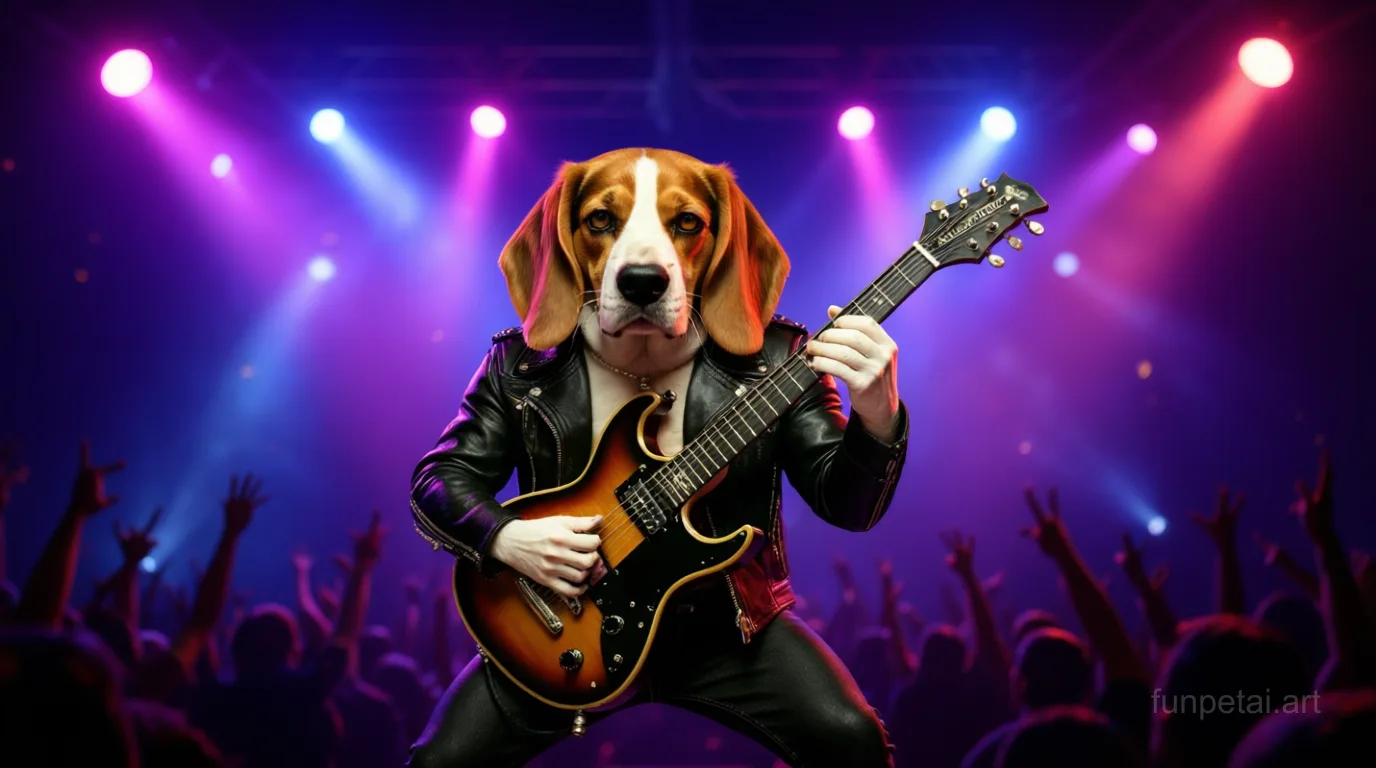 Beagle on stage with an electric guitar and concert lights, cinematic AI pet portrait