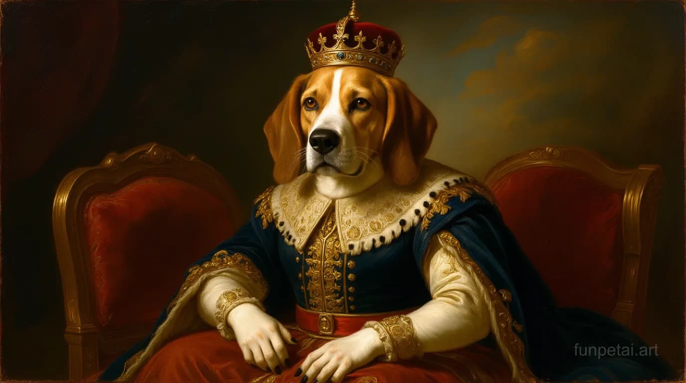 Beagle in a royal portrait with ornate outfit, classic oil texture, cinematic AI pet portrait