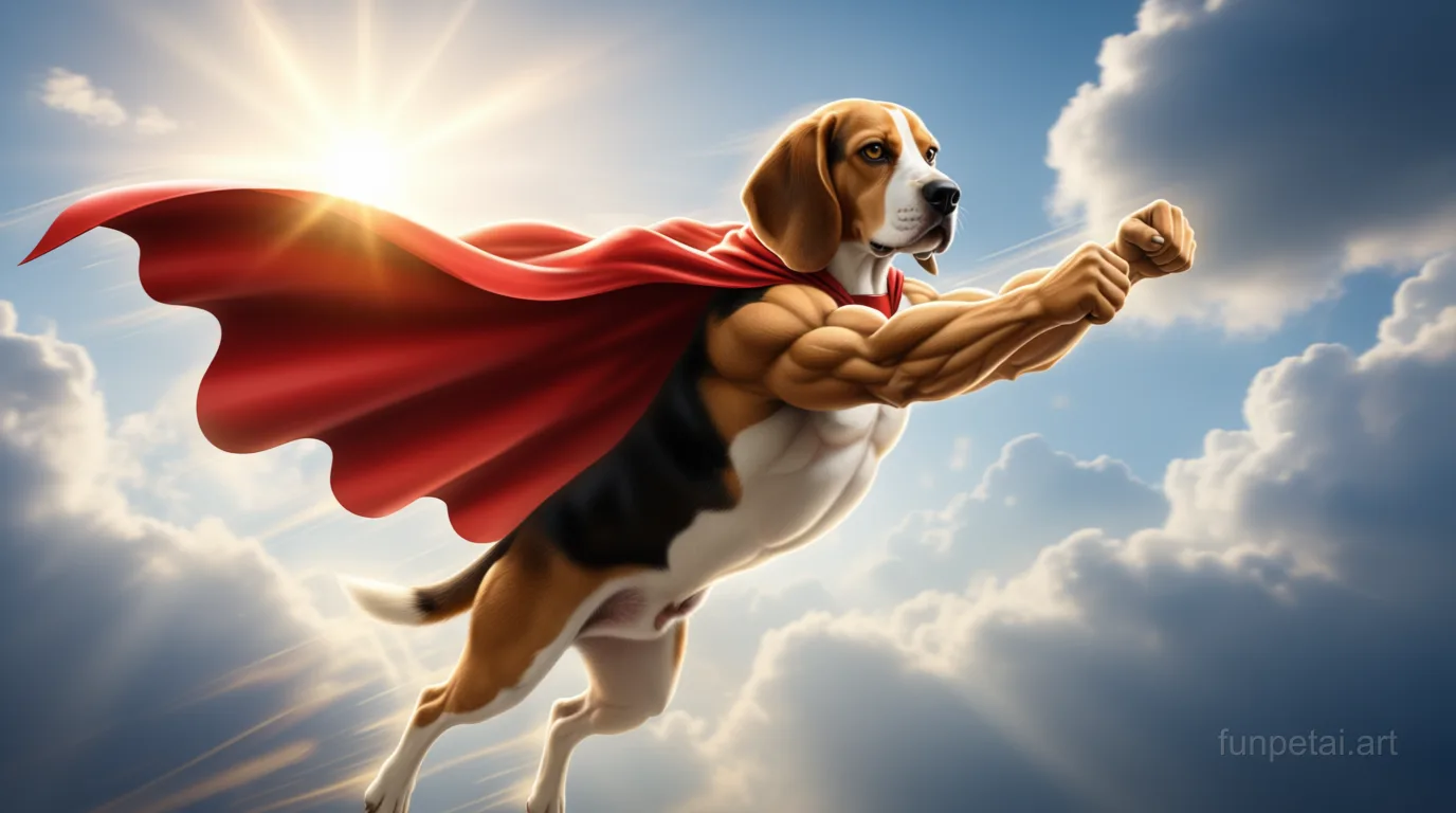 Beagle as a superhero with a cape and heroic sky, cinematic AI pet portrait