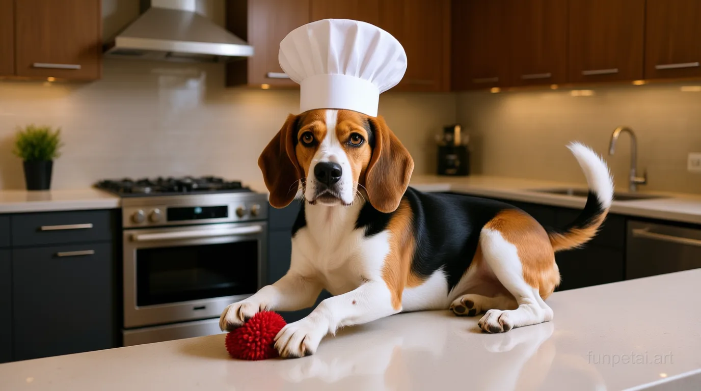 Beagle wearing a chef hat in a modern kitchen, cinematic AI pet portrait