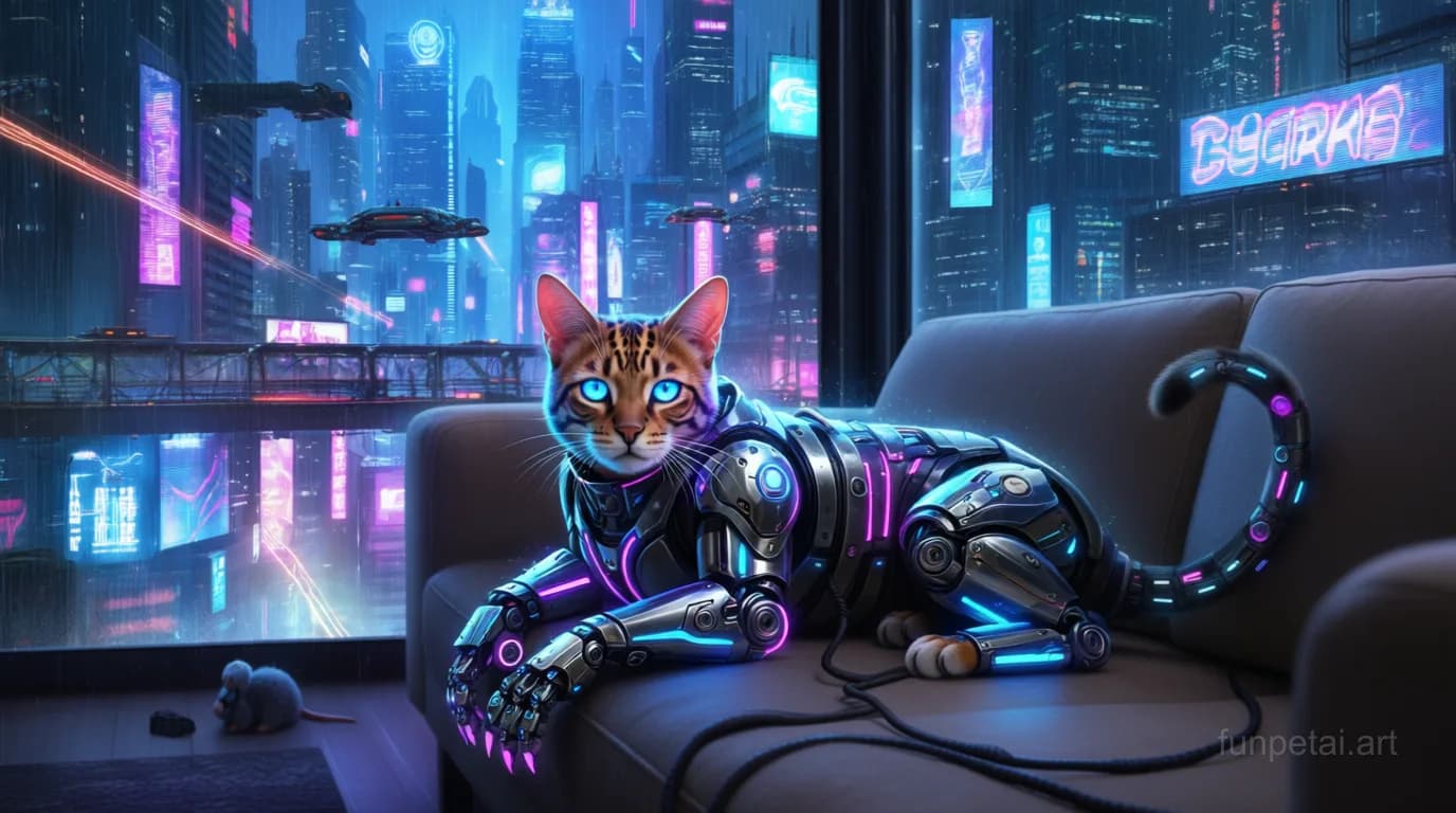 Bengal in neon cyberpunk city lights with metallic accents, cinematic AI pet portrait