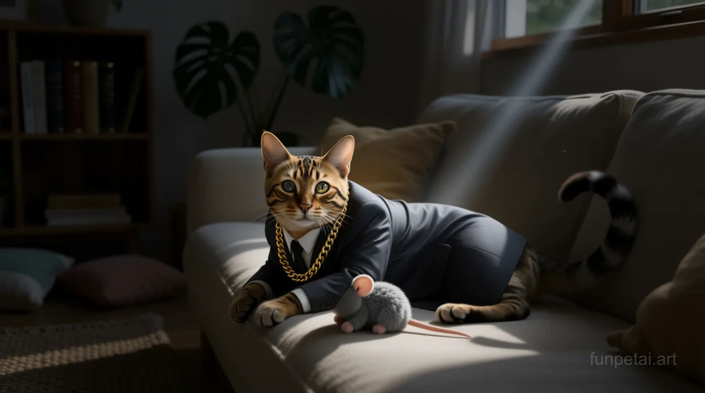 Bengal in a dark suit with gold chain, cinematic noir lighting, cinematic AI pet portrait