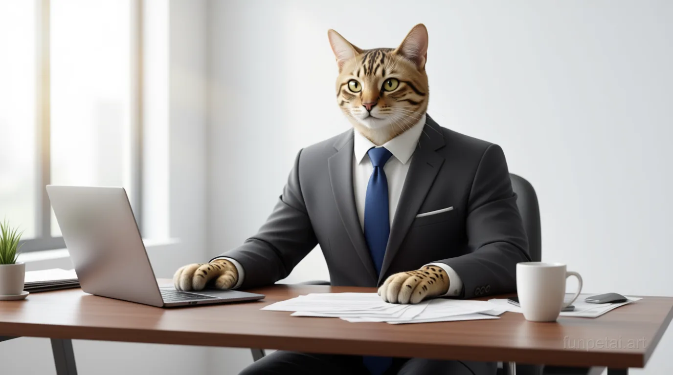 Bengal in a tailored suit at a modern office desk, cinematic AI pet portrait