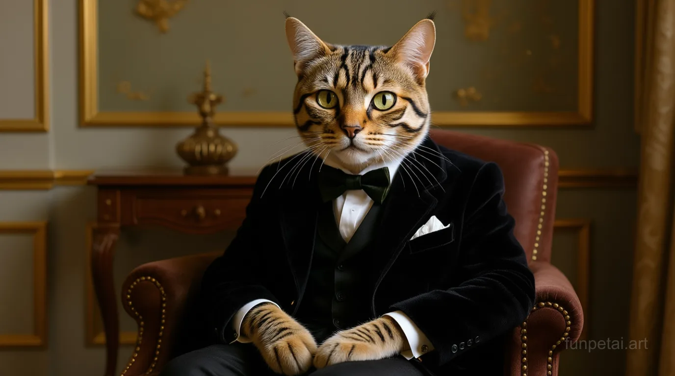 Bengal in an old money portrait with cashmere texture, cinematic AI pet portrait