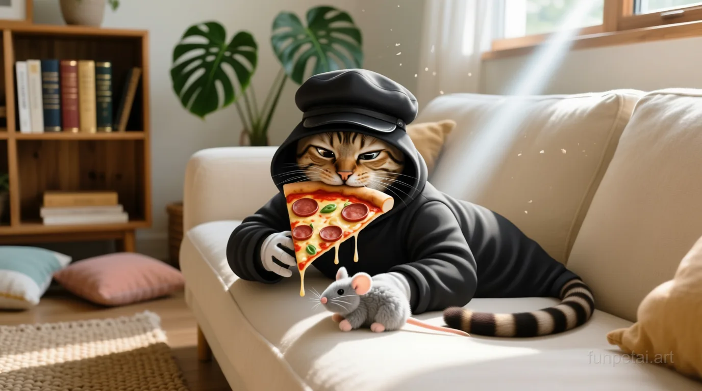 Bengal stealing a pizza slice with a playful expression, cinematic AI pet portrait