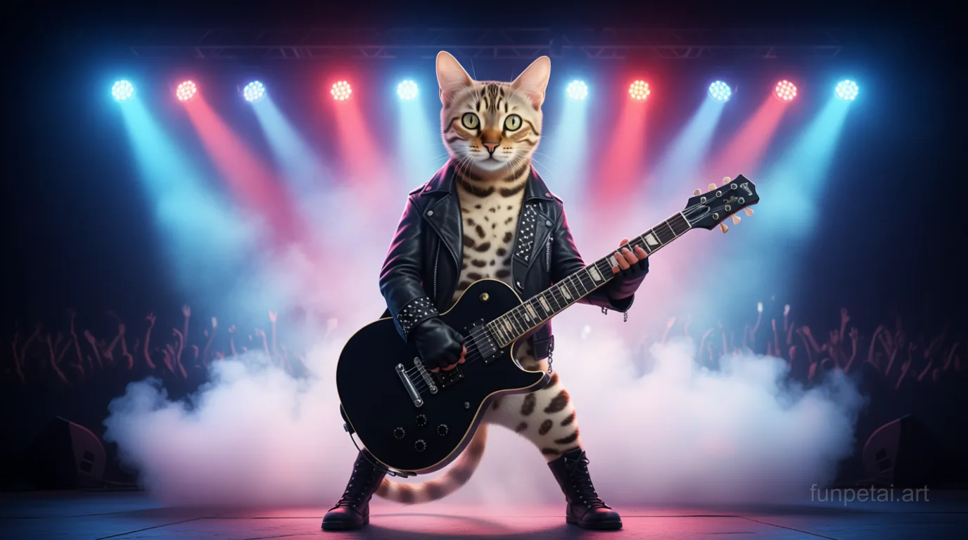 Bengal on stage with an electric guitar and concert lights, cinematic AI pet portrait
