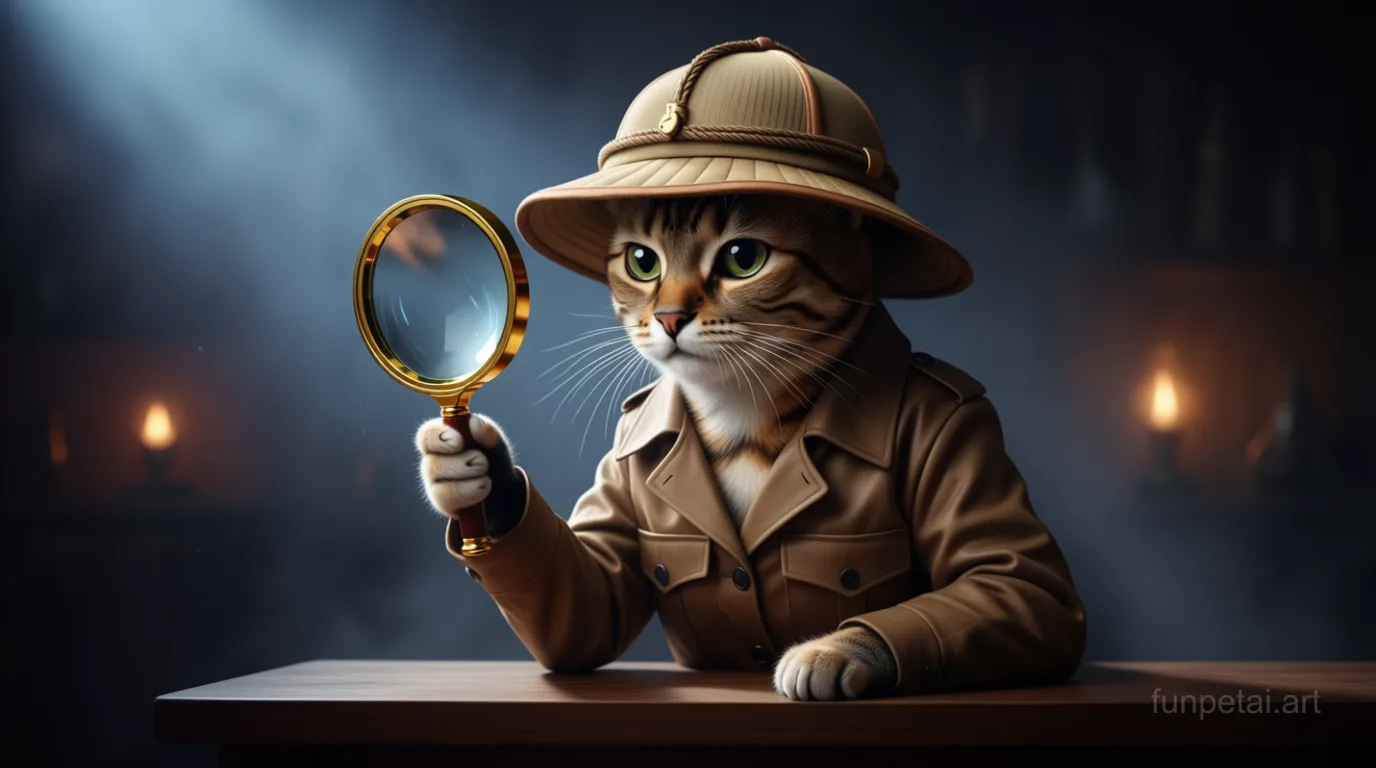 Bengal as a detective with a deerstalker hat and magnifier, cinematic AI pet portrait