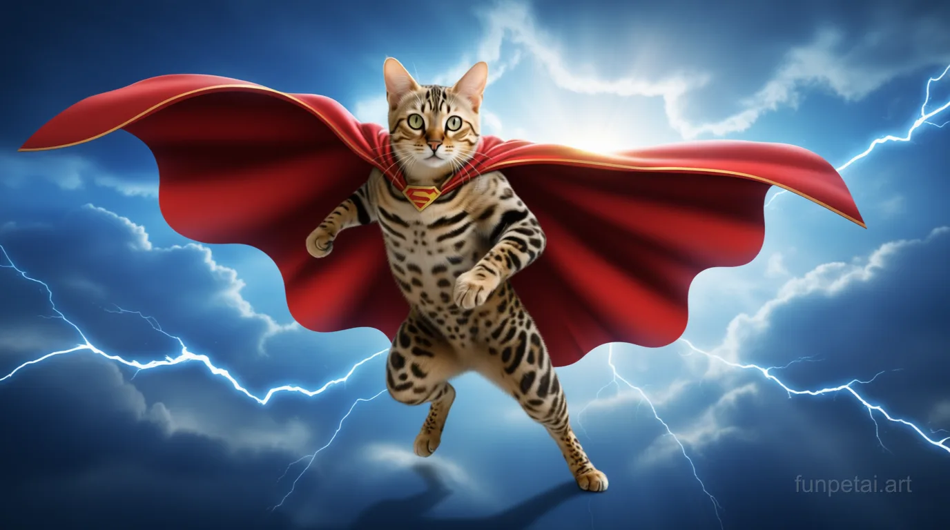 Bengal as a superhero with a cape and heroic sky, cinematic AI pet portrait
