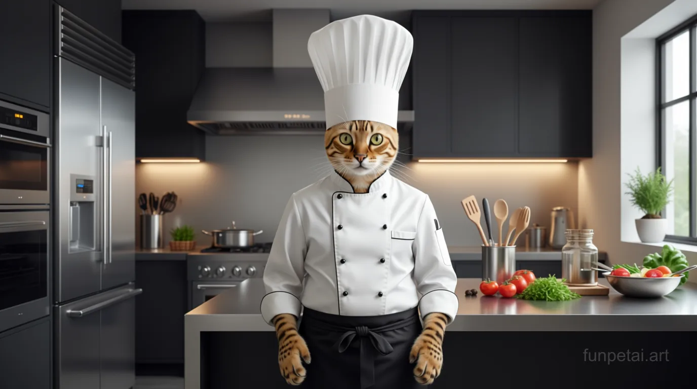 Bengal wearing a chef hat in a modern kitchen, cinematic AI pet portrait