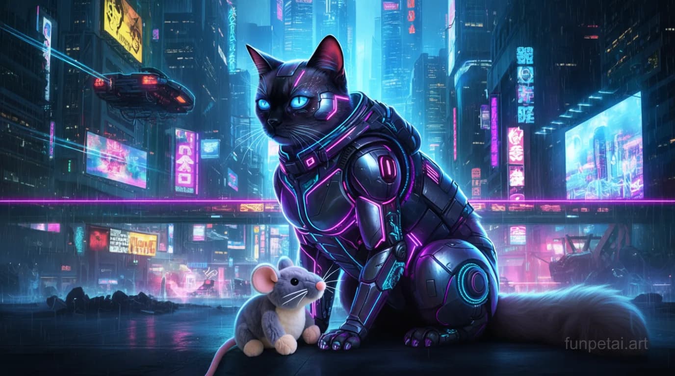 Birman in neon cyberpunk city lights with metallic accents, cinematic AI pet portrait