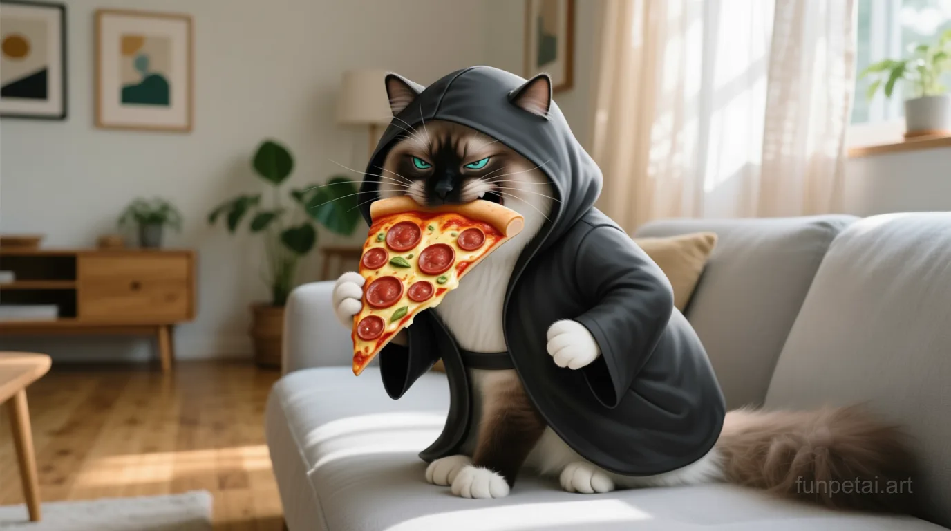 Birman stealing a pizza slice with a playful expression, cinematic AI pet portrait