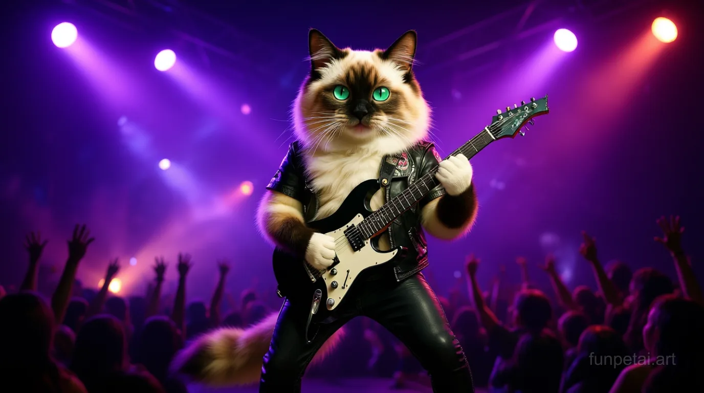 Birman on stage with an electric guitar and concert lights, cinematic AI pet portrait