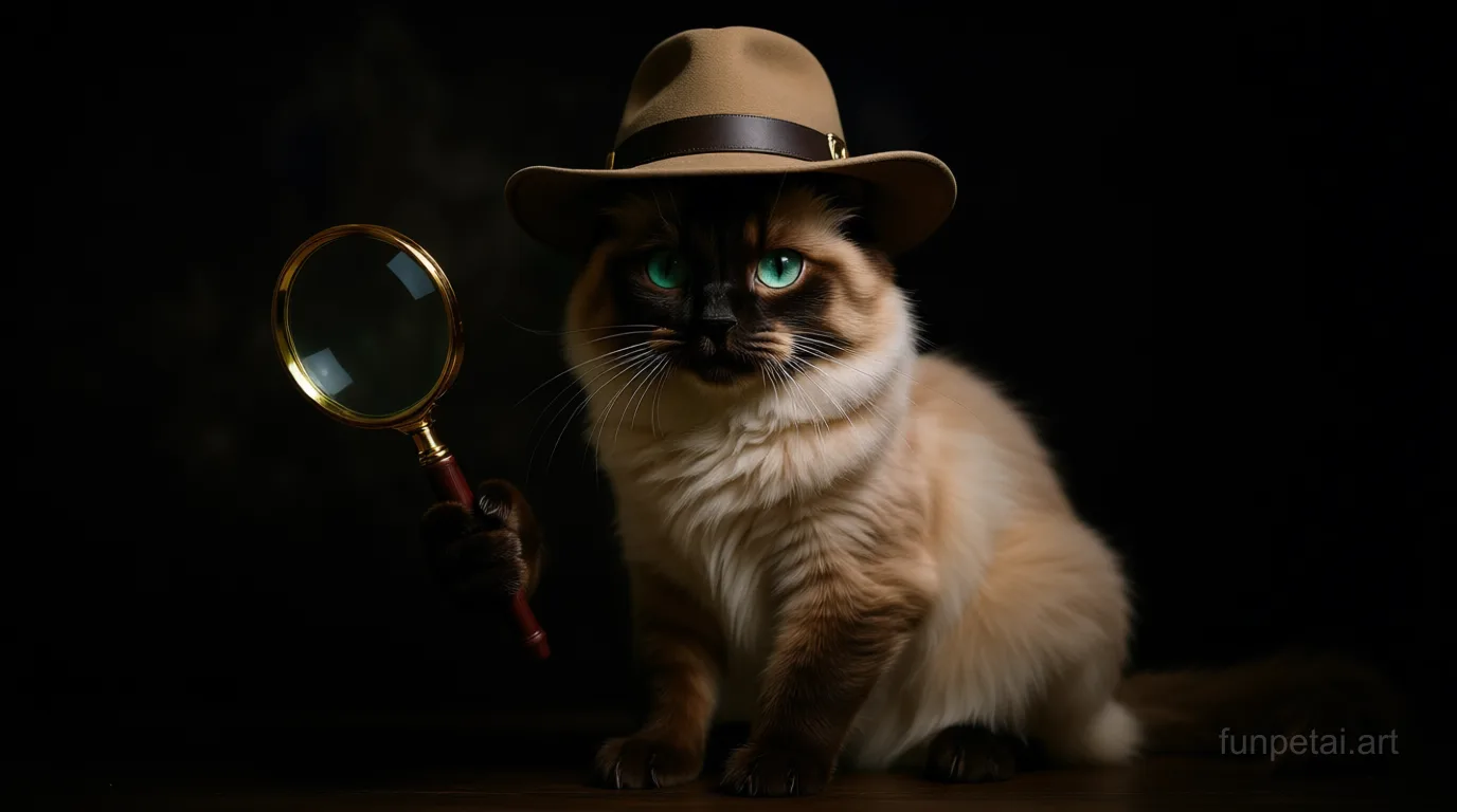 Birman as a detective with a deerstalker hat and magnifier, cinematic AI pet portrait