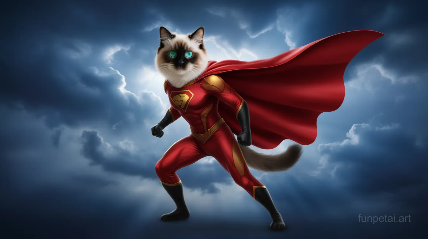 Birman as a superhero with a cape and heroic sky, cinematic AI pet portrait