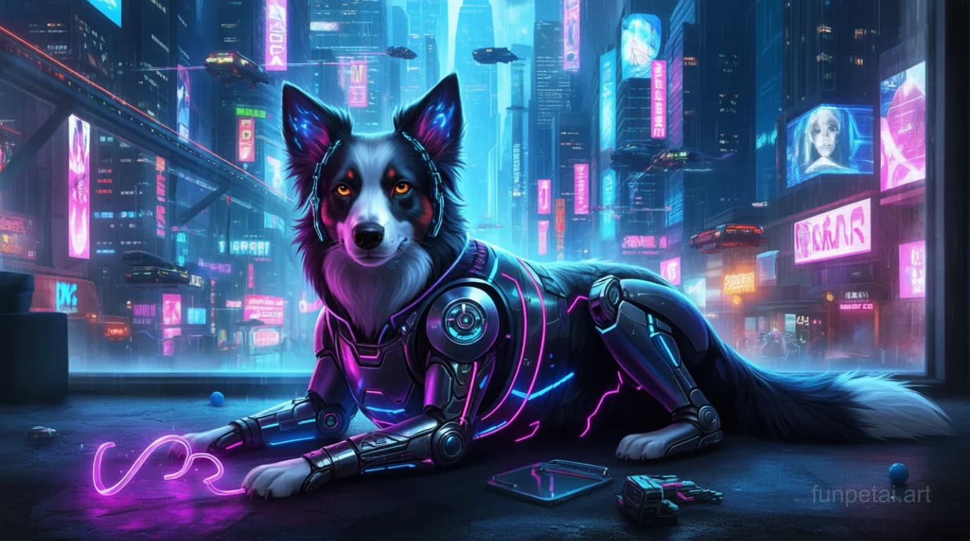Border Collie in neon cyberpunk city lights with metallic accents, cinematic AI pet portrait