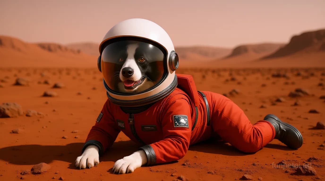 Border Collie wearing a space suit on Mars, red planet glow, cinematic AI pet portrait
