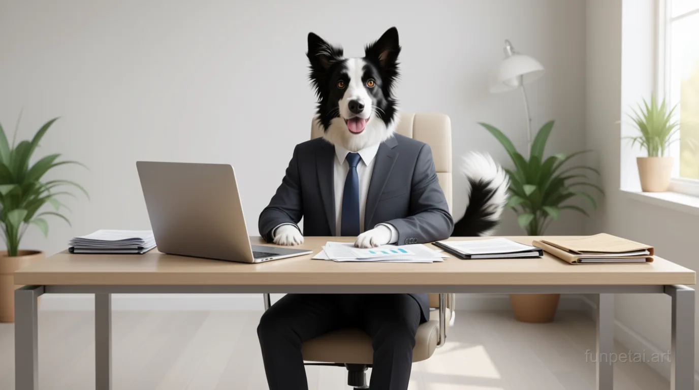 Border Collie in a tailored suit at a modern office desk, cinematic AI pet portrait
