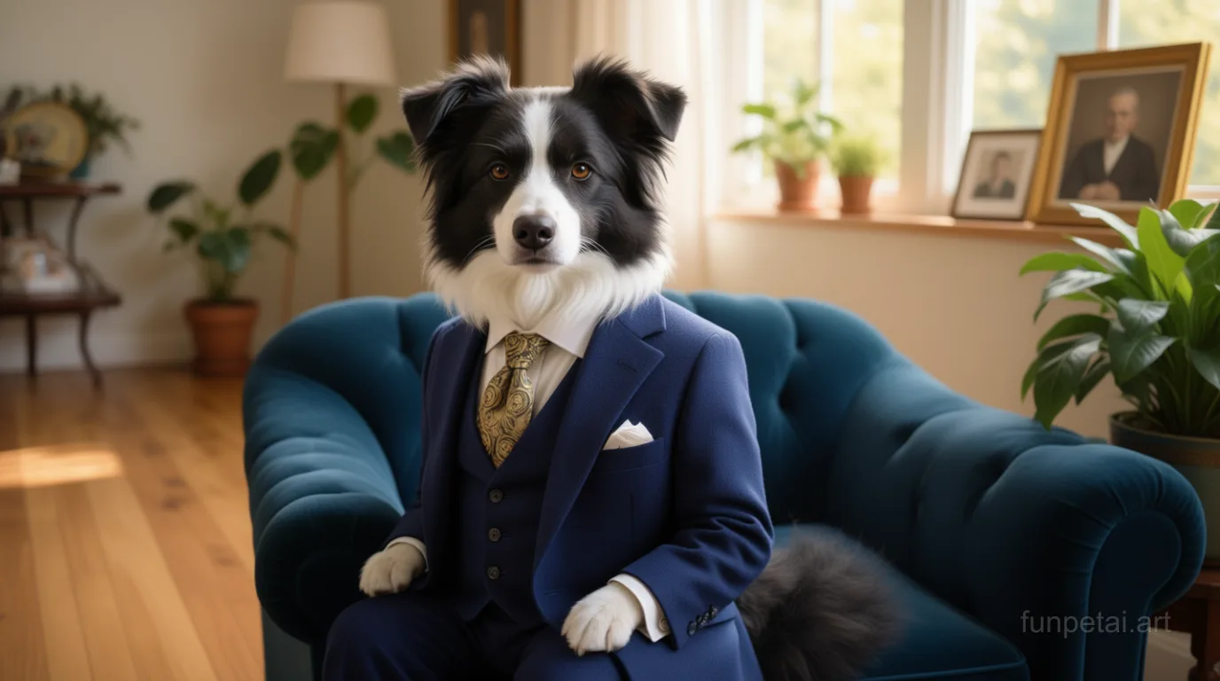 Border Collie in an old money portrait with cashmere texture, cinematic AI pet portrait