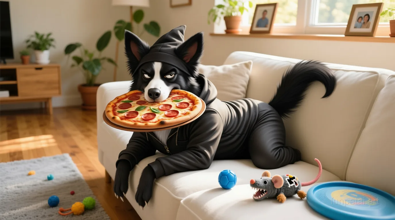 Border Collie stealing a pizza slice with a playful expression, cinematic AI pet portrait